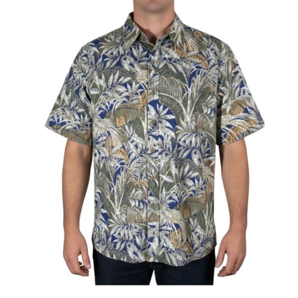 Cooke Street Hawaiian Aloha Shirt XL Floral Tropical Leaves Green Blue Gold